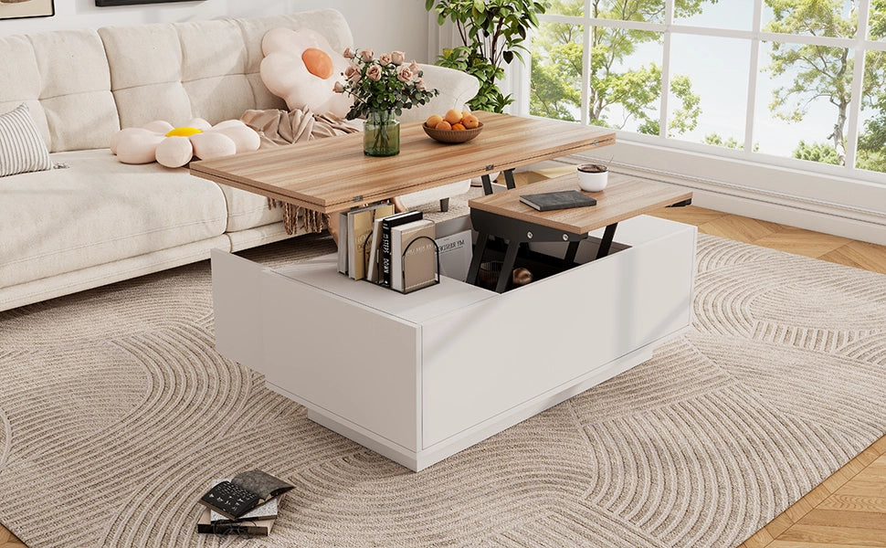 Tavolino da Salotto Sollevabile con Contenitore Nascosto Bianco e Legno
