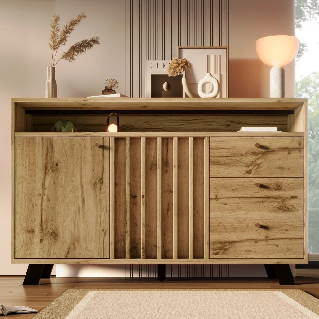 Credenza vintage con 3 cassetti; 2 ante e vano aperto 120x40x85 cm; rovere scuro