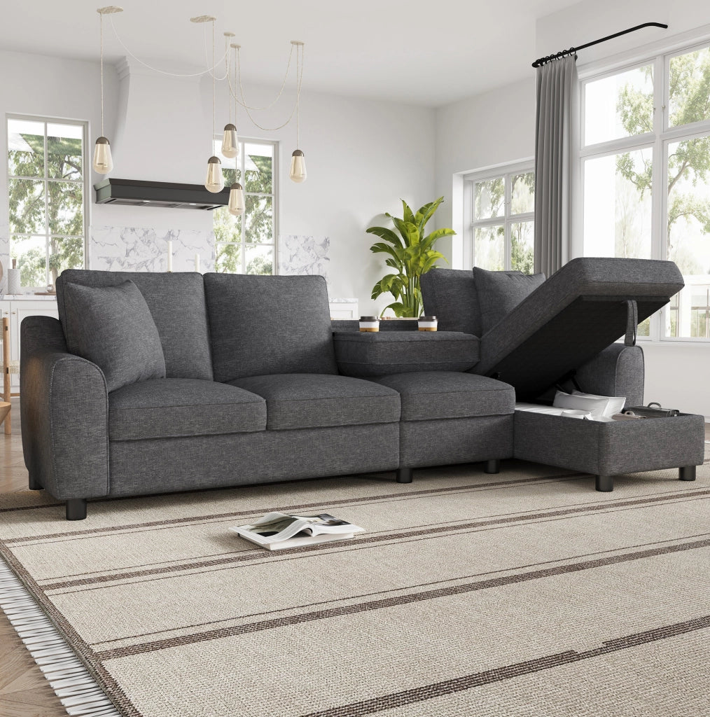 Divano angolare a L 4 posti in tessuto chenille grigio; 280x136x82 cm con chaise longue contenitore