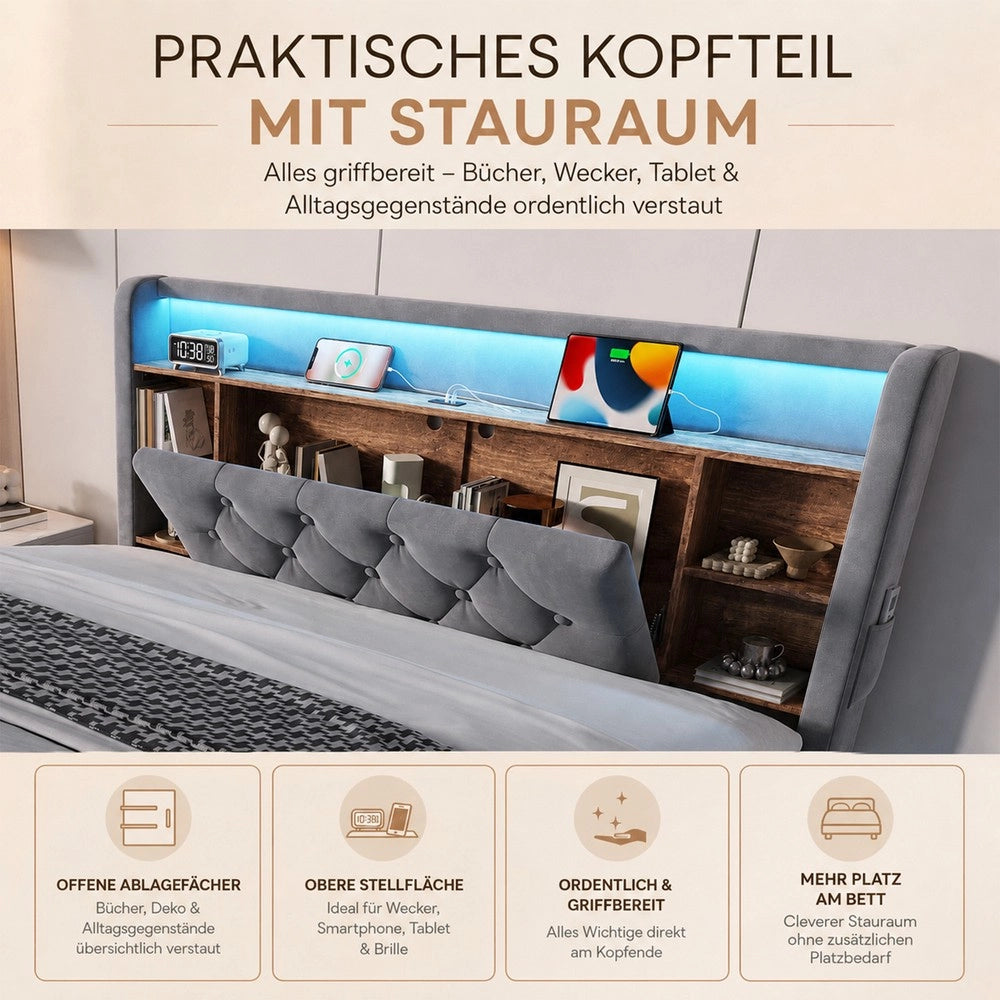 Letto imbottito contenitore ¨C Minimal ¨C grigio scuro velluto 140x200cm con testiera LED idraulico rete a doghe