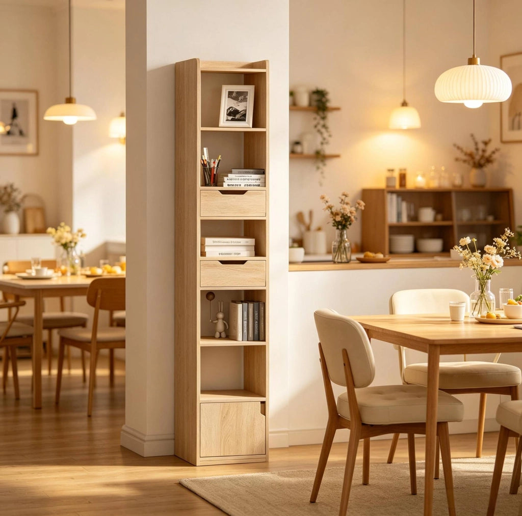 Libreria moderna in legno E1 con 6 ripiani, 2 cassetti e anta, colore rovere chiaro, 33x181x24 cm