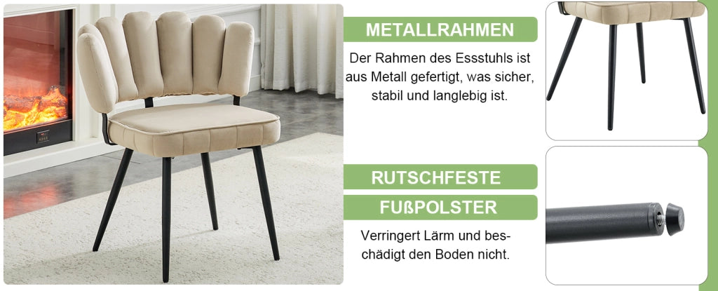 Set di 2 Sedie da Pranzo Europee con Schienale a Fiore e Rivestimento in Velluto, Gambe in Metallo Nero, Altezza 80 cm