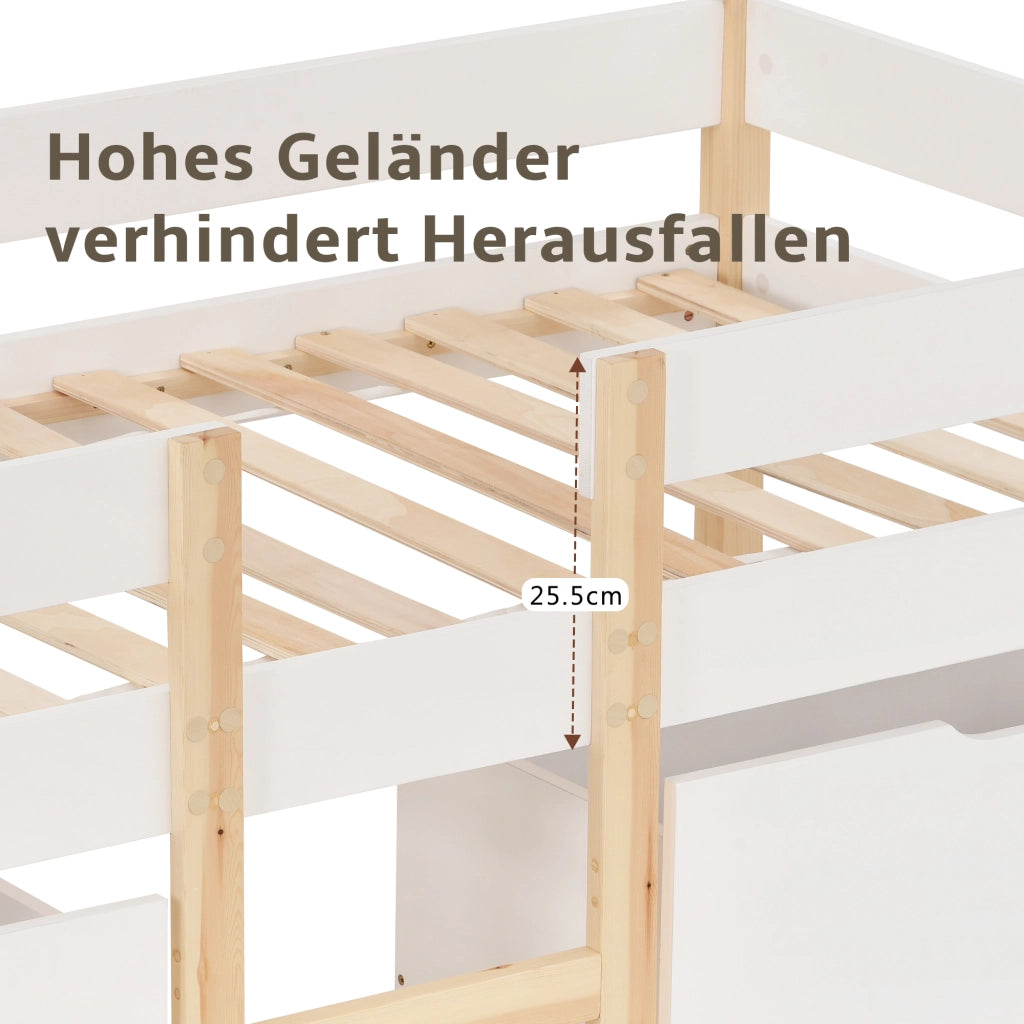 Letto con cassetti 90 × 190 cm semialto con scala e barriera anticaduta in legno bianco con rete a doghe