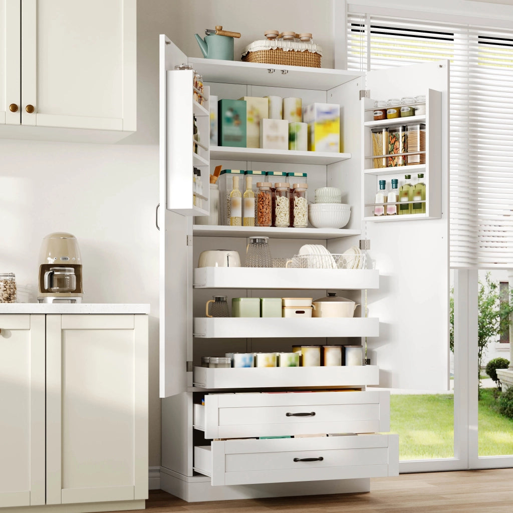 Credenza da cucina alta con 3 ripiani estraibili, 2 cassetti e ripiano regolabile, bianca in MDF, 80 × 37,5 × 180 cm