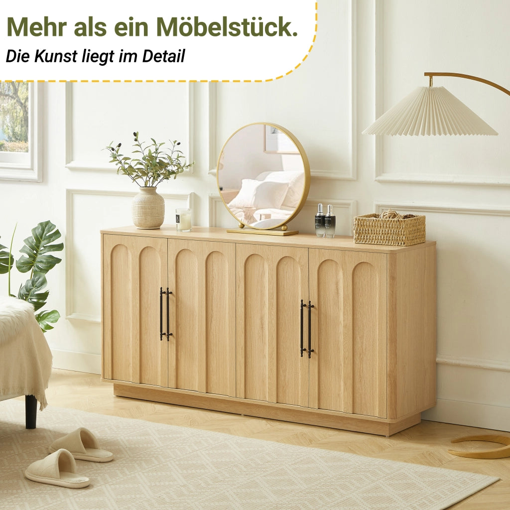 Sideboard ad arco 160 cm, 4 ante con cerniere soft-close e sicurezza anti-ribaltamento, mobile contenitore in legno per soggiorno e sala da pranzo