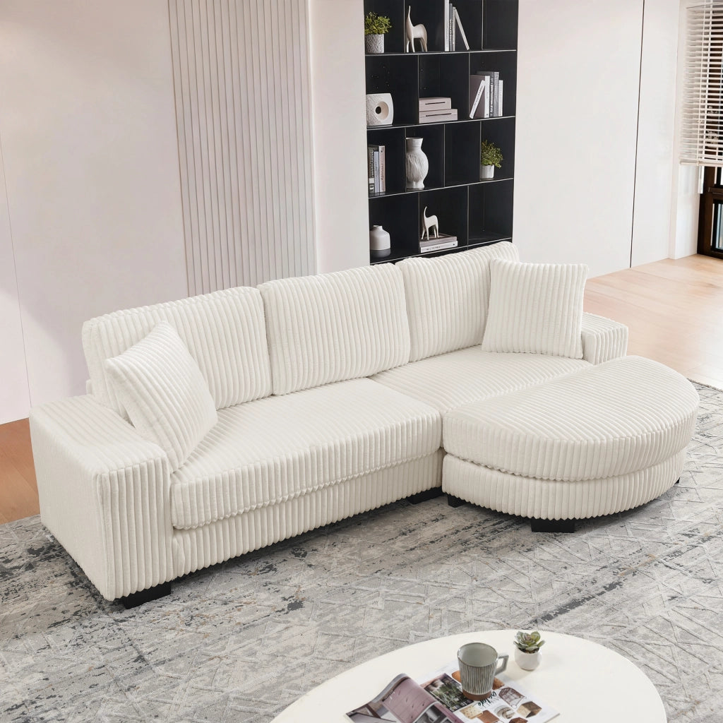 Divano angolare modulare da 256;5?x?133;5?x?89?cm 4 posti a coste; con pouf ovale e 2 cuscini incluso; velluto; bianco