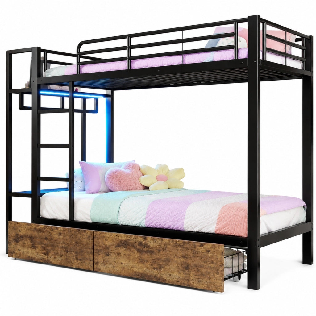 Letto a castello 90x200 cm con LED; 2 cassetti e ripiani in metallo e MDF nero