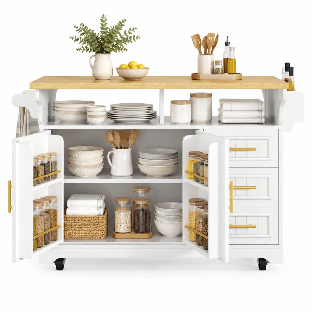Isola da cucina ULEVR 120x40/80x95 cm con piano ribaltabile, 3 cassetti, ruote e ripiani regolabili, bianco effetto rovere
