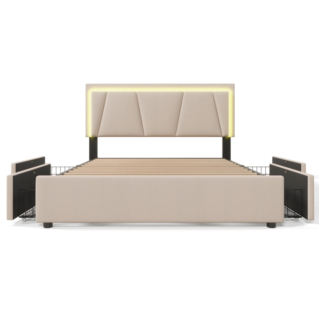 Letto matrimoniale 140 × 200 cm con 4 cassetti, LED regolabile e testiera regolabile, senza materasso, beige