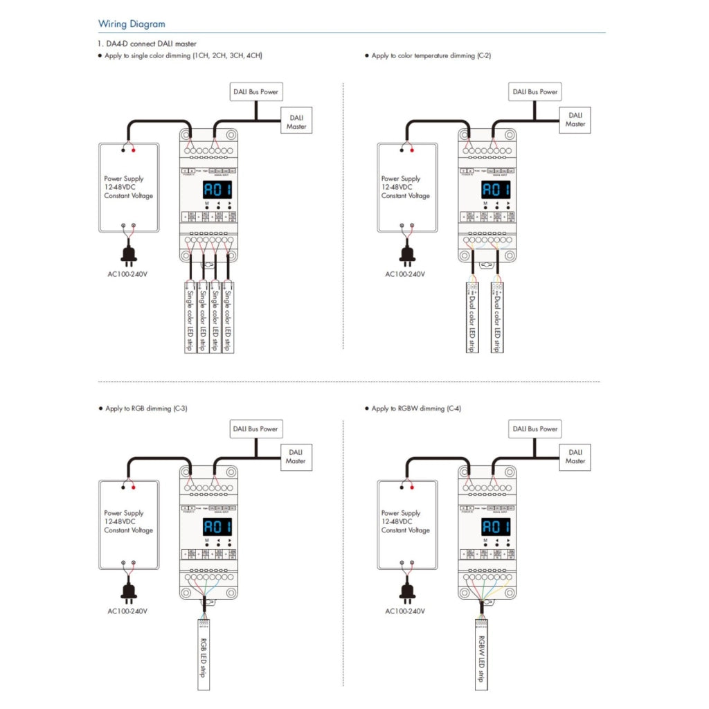 Dimmer DALI 4 Canali Guida DIN, Con Display Digitale, 4X5A@12V/24V, 4X3A@36V/48V, Dimmerabile AC Push Dim, DALI-2, PWM, 4 Indirizzi, DT6 DT8 per Strisce LED Monocolore CCT RGB RGBW