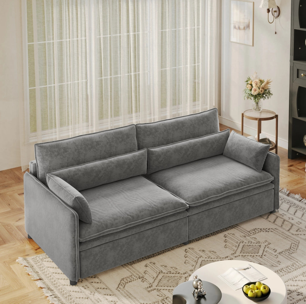 Divano letto 3 posti 206 cm in chenille con vano contenitore, schienale regolabile e cuscini bracciolo mobili, colore grigio chiaro