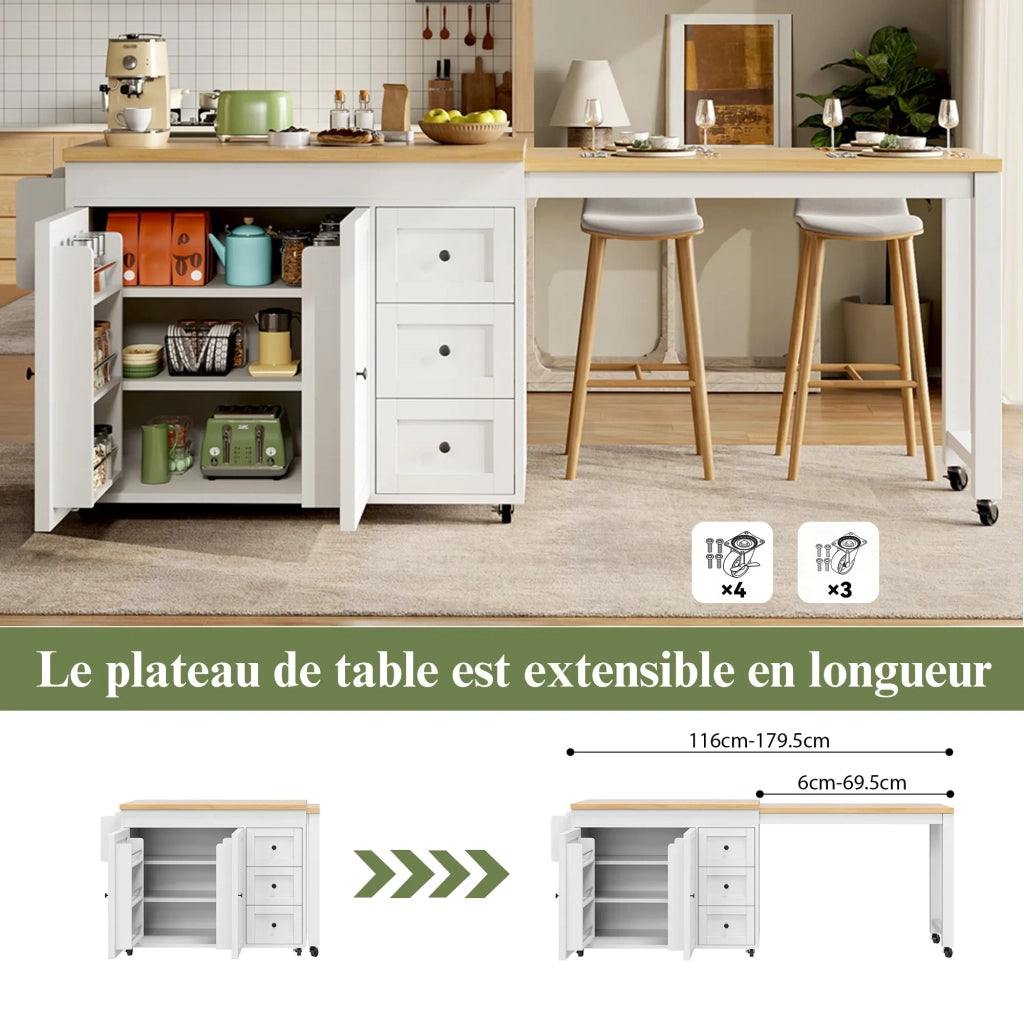 Isola da cucina estraibile con 3 cassetti, ripiani laterali e ruote, piano allungabile fino a 69,5 cm, 116–179,5 cm, bianco/nero