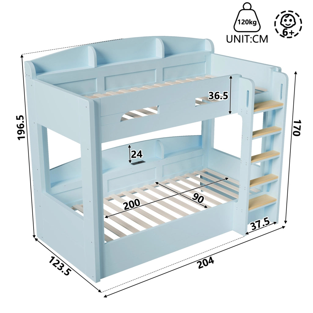 Letto a castello 90x200 cm con presa USB e ripiani azzurro HOMVRA