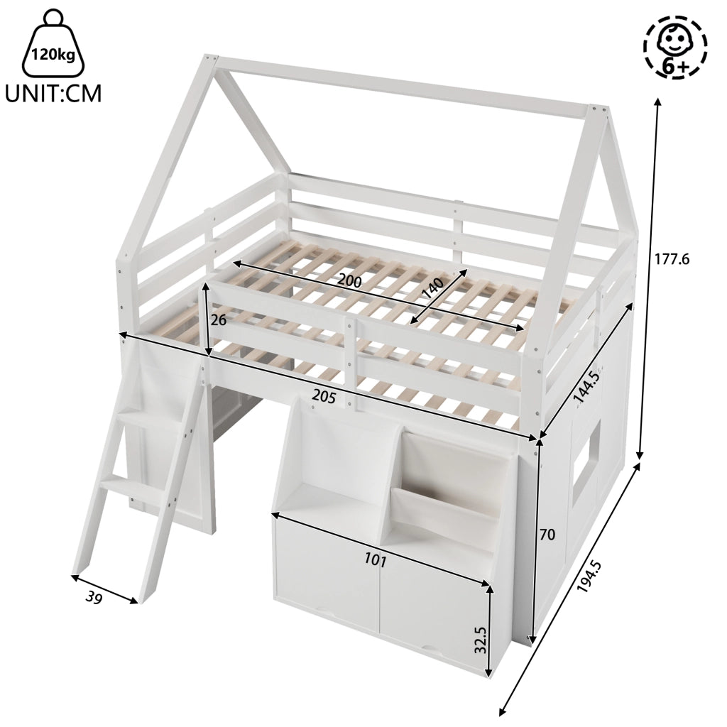 Letto a soppalco per bambini 140 × 200 cm con scala, LED, contenitori e tasche, senza materasso, bianco