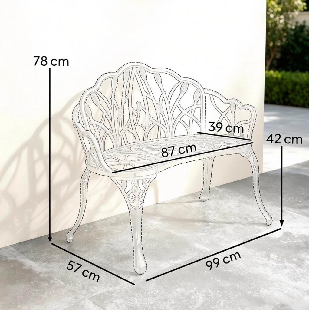 Panca da giardino ULEVR 99x57x78 cm in alluminio pressofuso verde antico, 2 posti con schienale e braccioli
