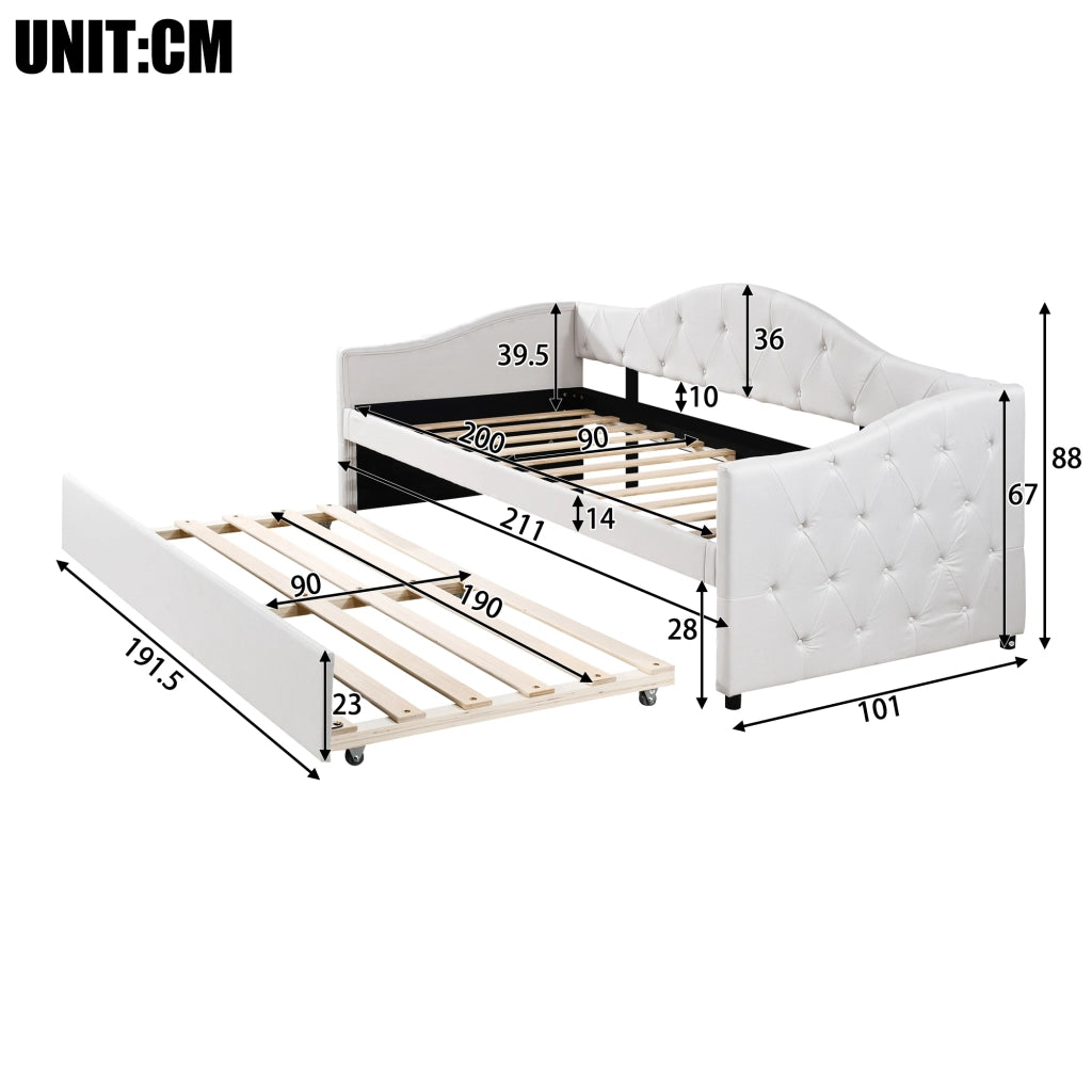 Letto singolo salvaspazio 90×200 cm con letto estraibile; senza materasso; lino e MDF; beige