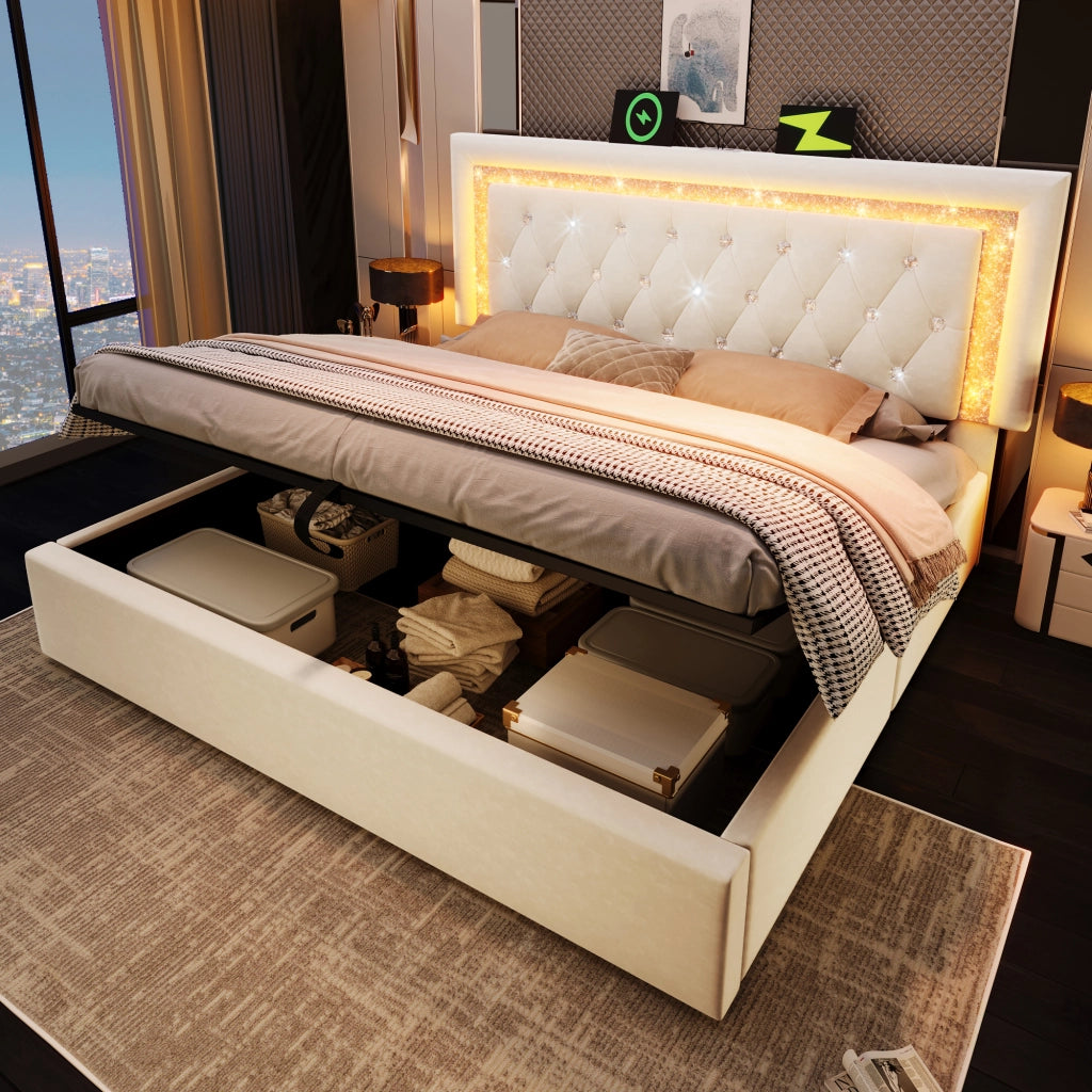 Letto matrimoniale contenitore 140 × 200 cm in velluto beige con LED USB type-c testiera diamantata e vano idraulico