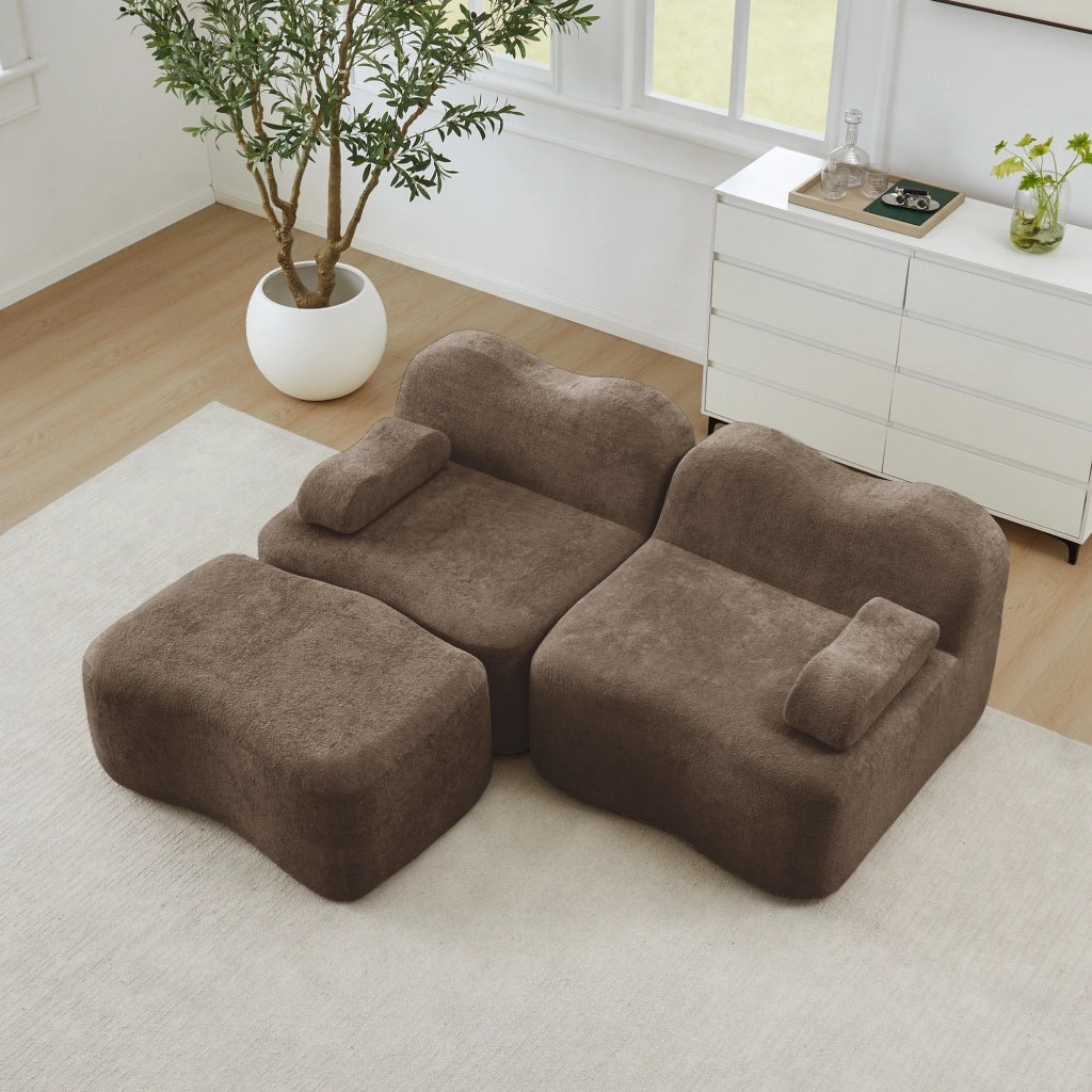 Divano modulare angolare 2 posti con pouf; forma ondulata; velluto marrone