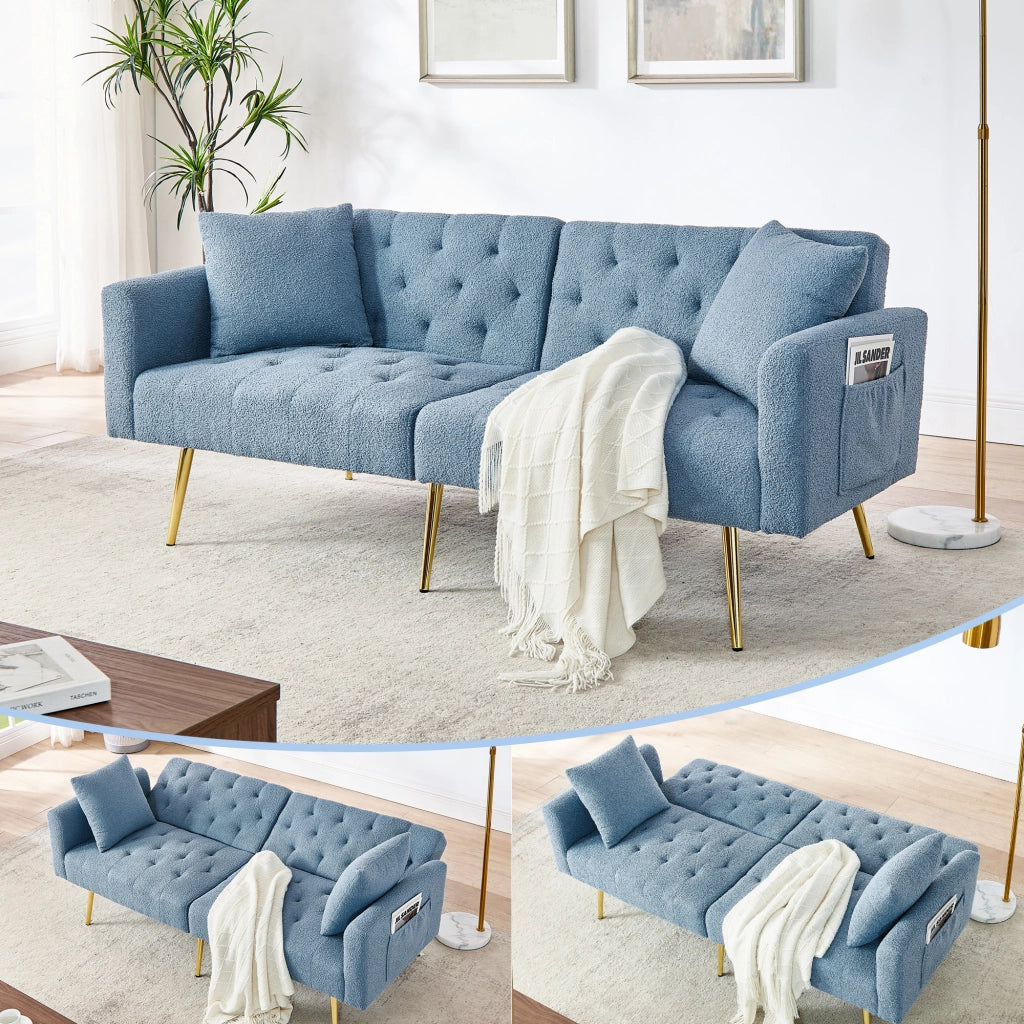 Divano letto 2 posti in tessuto teddy blu con schienale regolabile e 2 cuscini