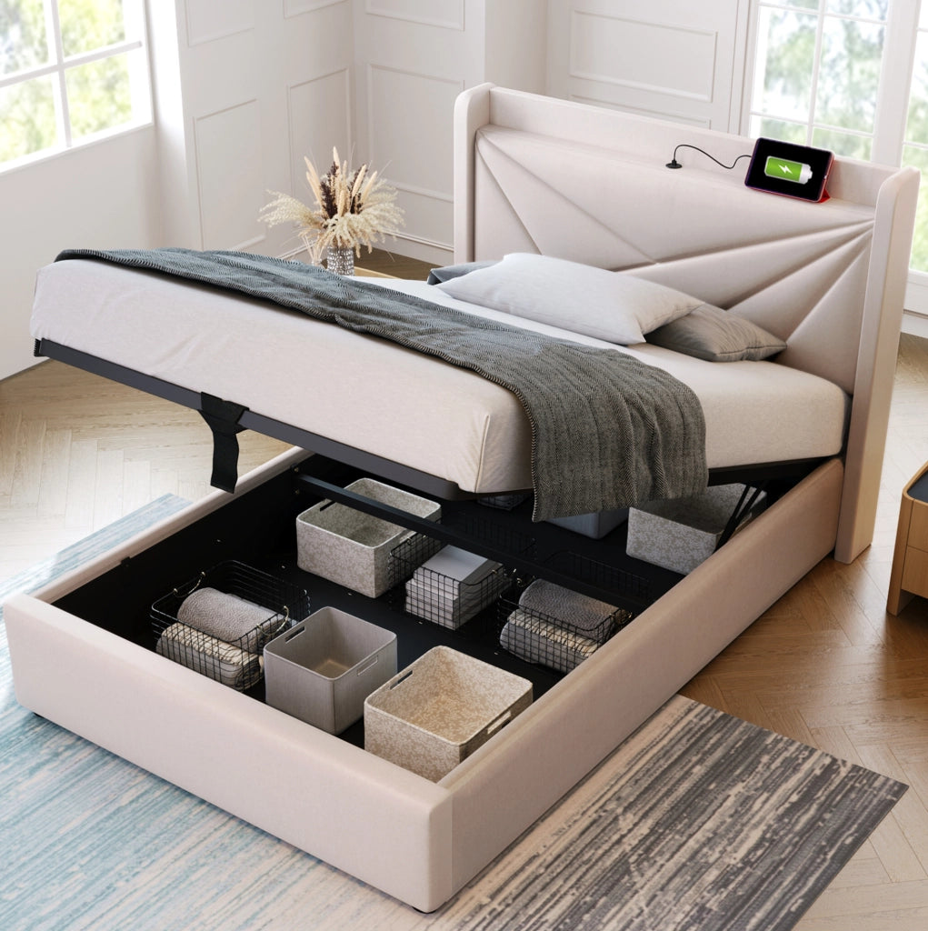 Letto singolo imbottito con contenitore 90x200 cm, struttura in lino con testiera USB Tipo C e rete a doghe
