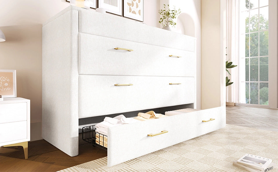 Letto a scomparsa 140x200 cm in lino beige con cassetto, prese USB e Type-C, struttura mobile con vano multifunzione, senza materasso