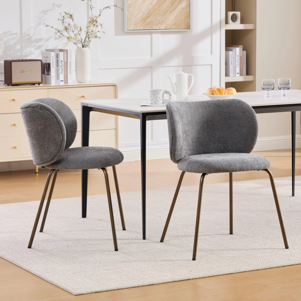 Sedia da pranzo in chenille moderna - Zephmum- Schienale curvo comodo gambe in bronzo, set di 2, grigio