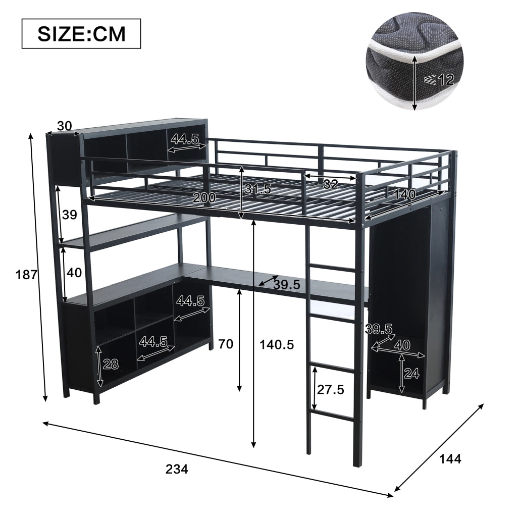 Letto a soppalco 140 × 200 cm 2 posti con scrivania, armadio e vani contenitore, senza materasso, nero