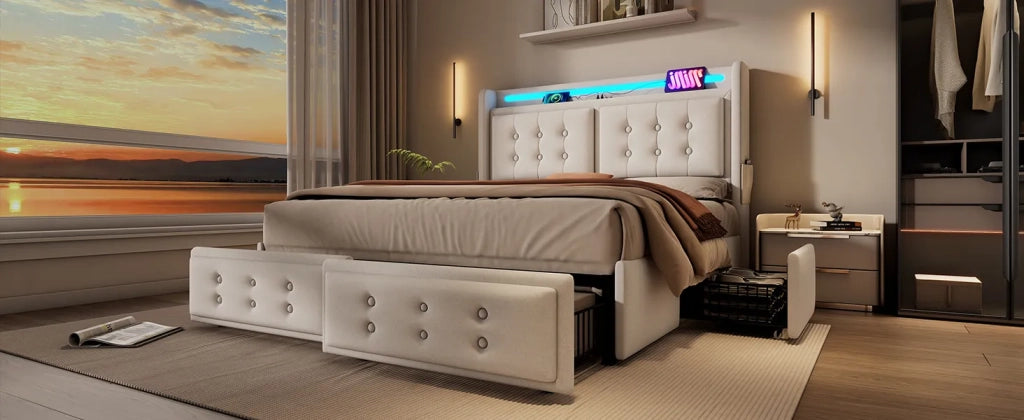 Letto matrimoniale imbottito 160x200 cm, beige, cotone. Testiera in pelle con ricarica USB C, 4 cassetti. Rete a doghe legno/metallo, portata 300 kg. Con materasso.