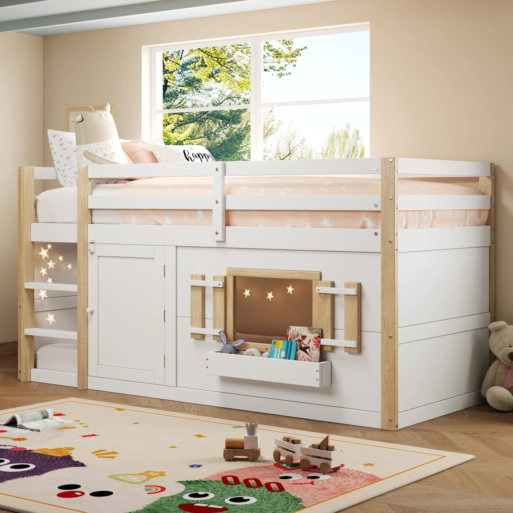 Letto a soppalco per bambini 90x200 cm con scaletta e zona gioco; in legno massello e MDF; bianco per cameretta