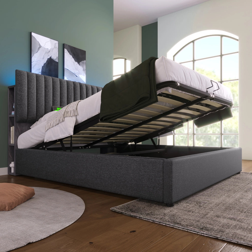 Letto matrimoniale imbottito 140 ¡Á 200 cm con contenitore LED USB Type-C in lino grigio con rete a doghe