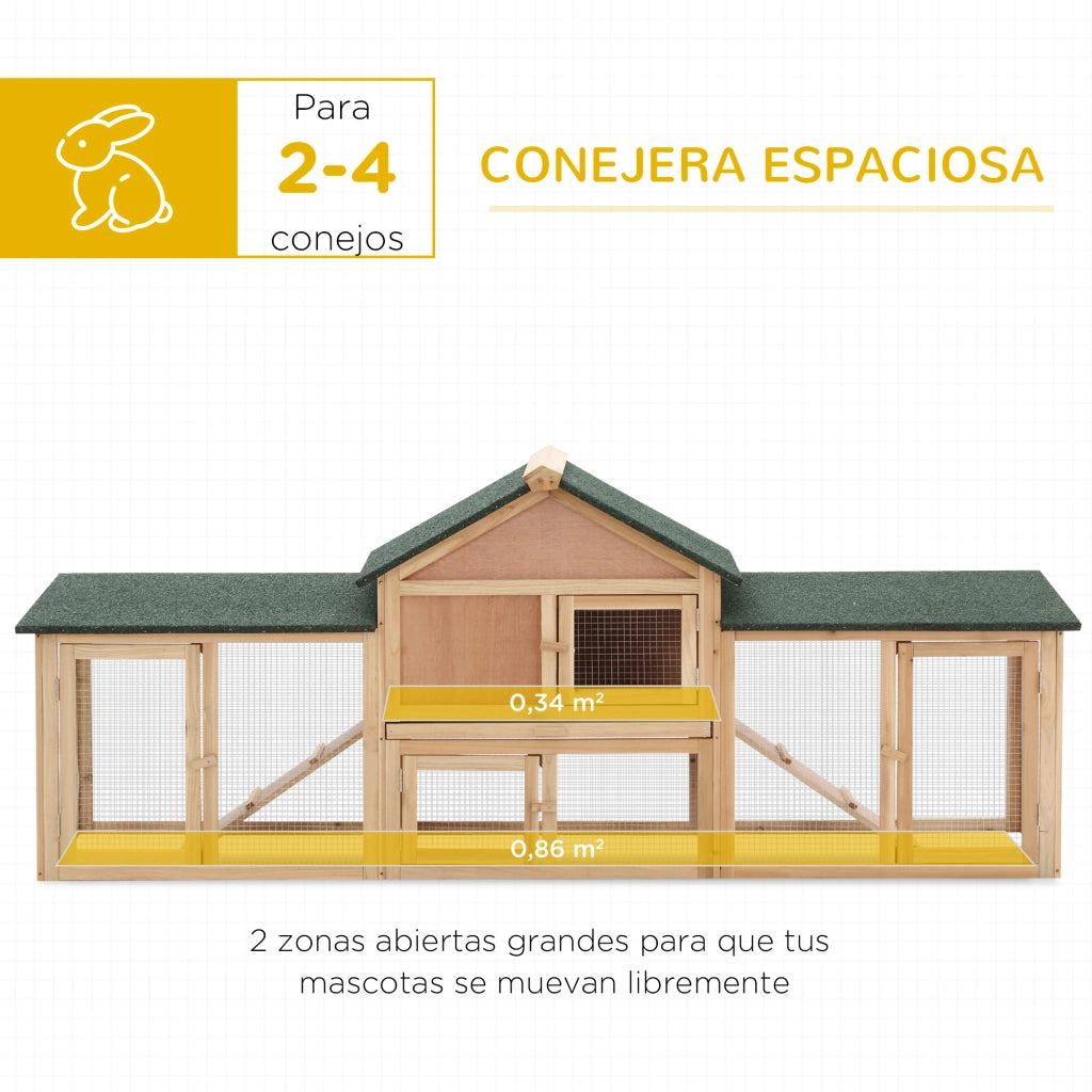 Gabbia per Conigli Grande in Legno per Esterno con Tettoia ¨C Minimal ¨C 210x45,5x84,5 cm Natural e Verde