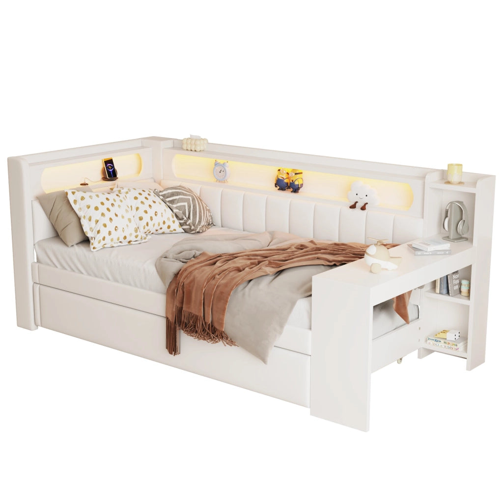 Daybed Imbottito 90x200 cm con Letto Estraibile; LED; USB; Scrivania; Bianco