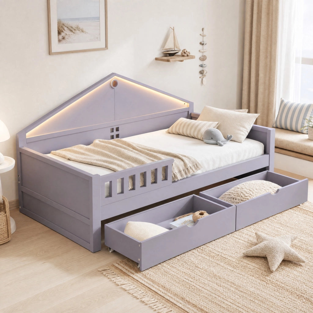 Letto multifunzione 90 x 200 cm con LED e due cassetti