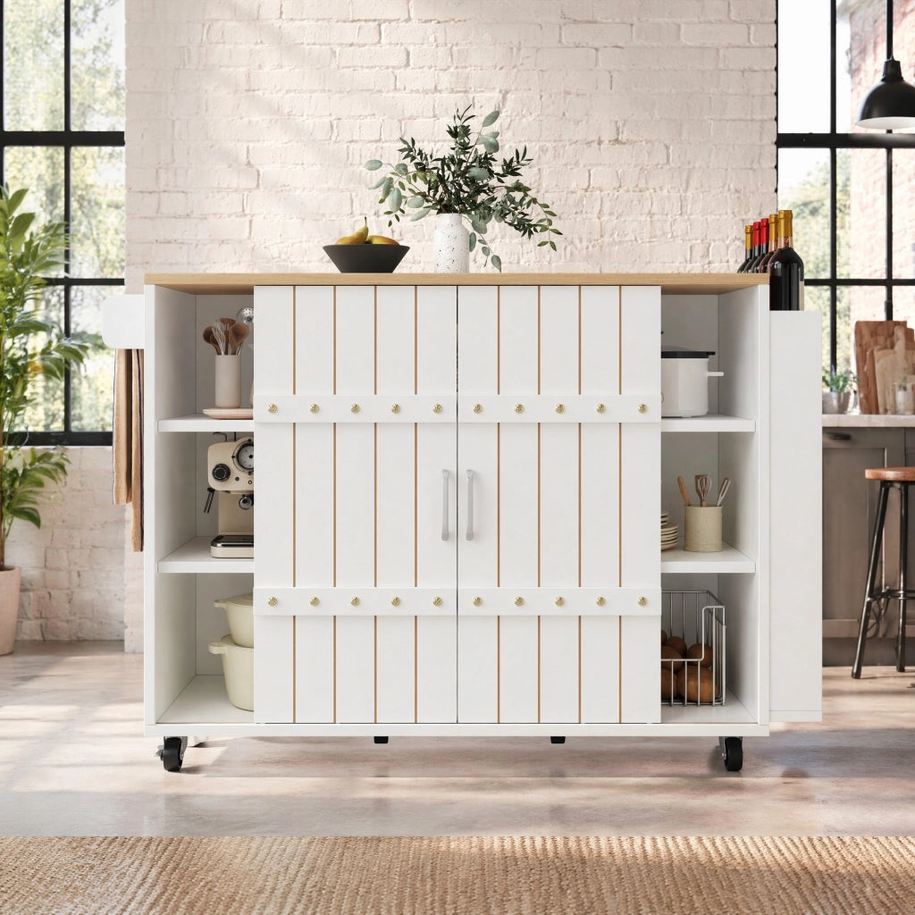 Carrello da cucina con piano ribaltabile 3 cassetti ante scorrevoli ripiano laterale MDF bianco 110 × 42 × 90 cm