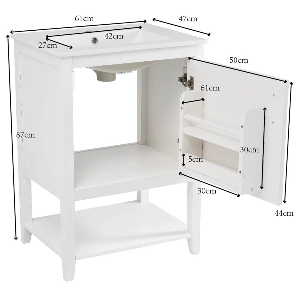 Mobile da bagno a terra con ripiani interni in MDF bianco; piedini con cuscinetti antiscivolo e maniglia