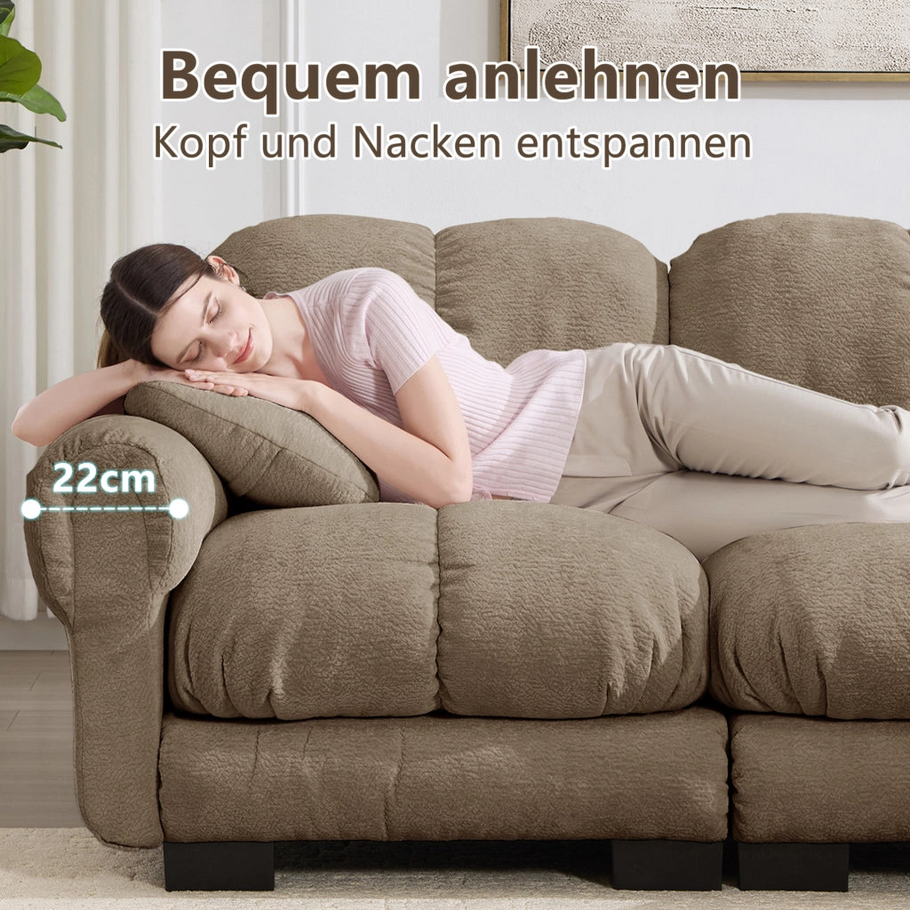 Divano 3 posti in chenille marrone con 2 cuscini decorativi e design trapuntato, cuscini seduta spessi e schienale ergonomico