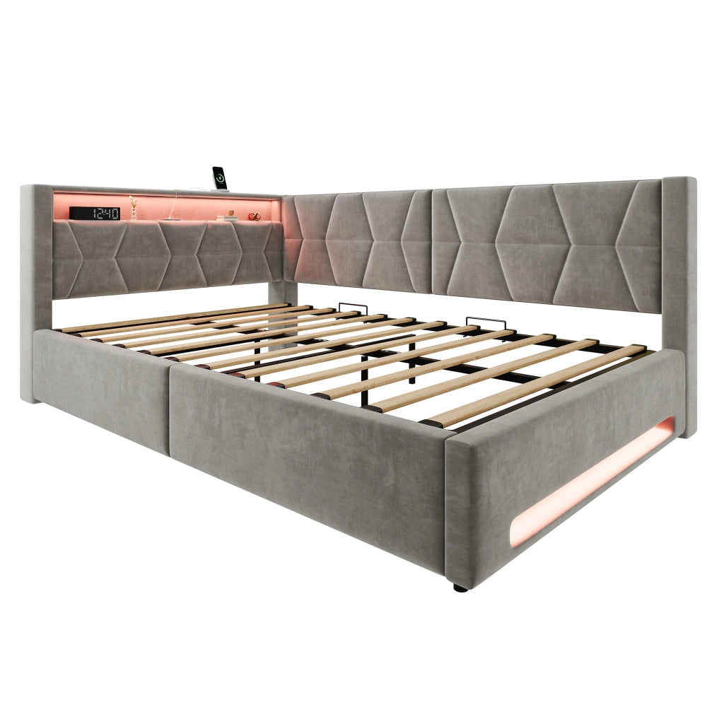 Letto contenitore 140x200 cm in velluto grigio scuro con LED; prese USB e USB-C