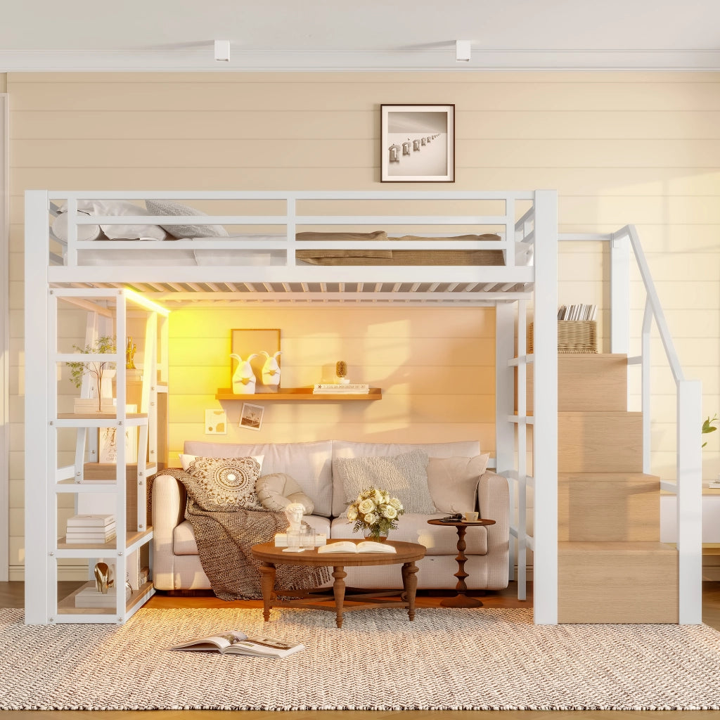 Letto a soppalco con luce LED - Zephmum - 140x200 cm - Bianco - Telaio in ferro, cassetto, scala