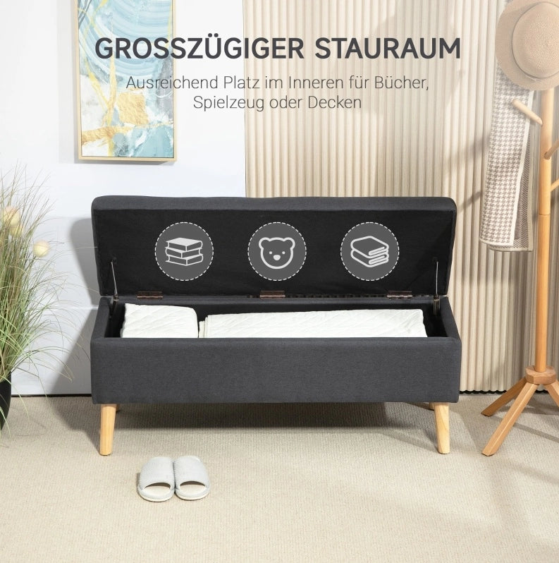 Panca contenitore imbottita in legno di caucciù con rivestimento effetto lino, 110 x 39 x 45 cm, grigio scuro