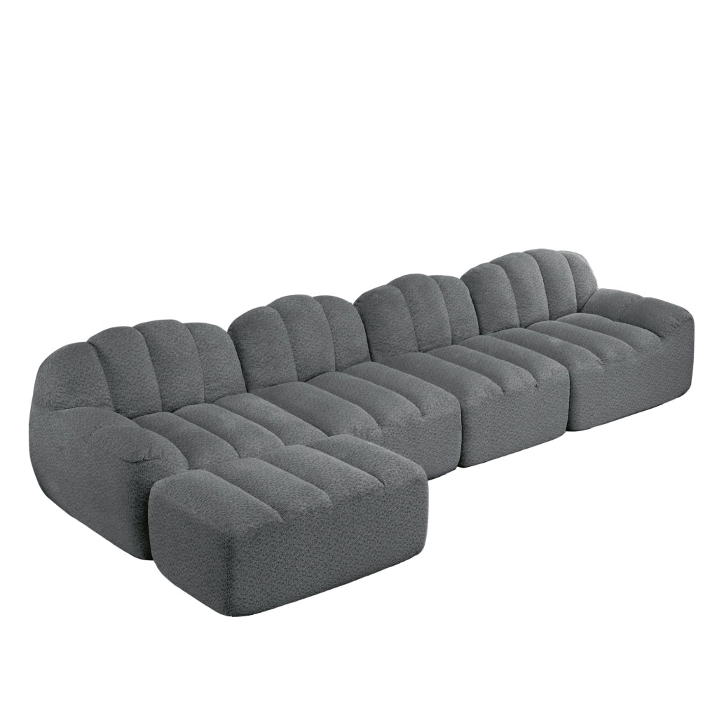 Divano modulare 4 posti con pouf, imbottitura in schiuma ad alta densità 32D, rivestimento in fleece grigio, ideale per soggiorno