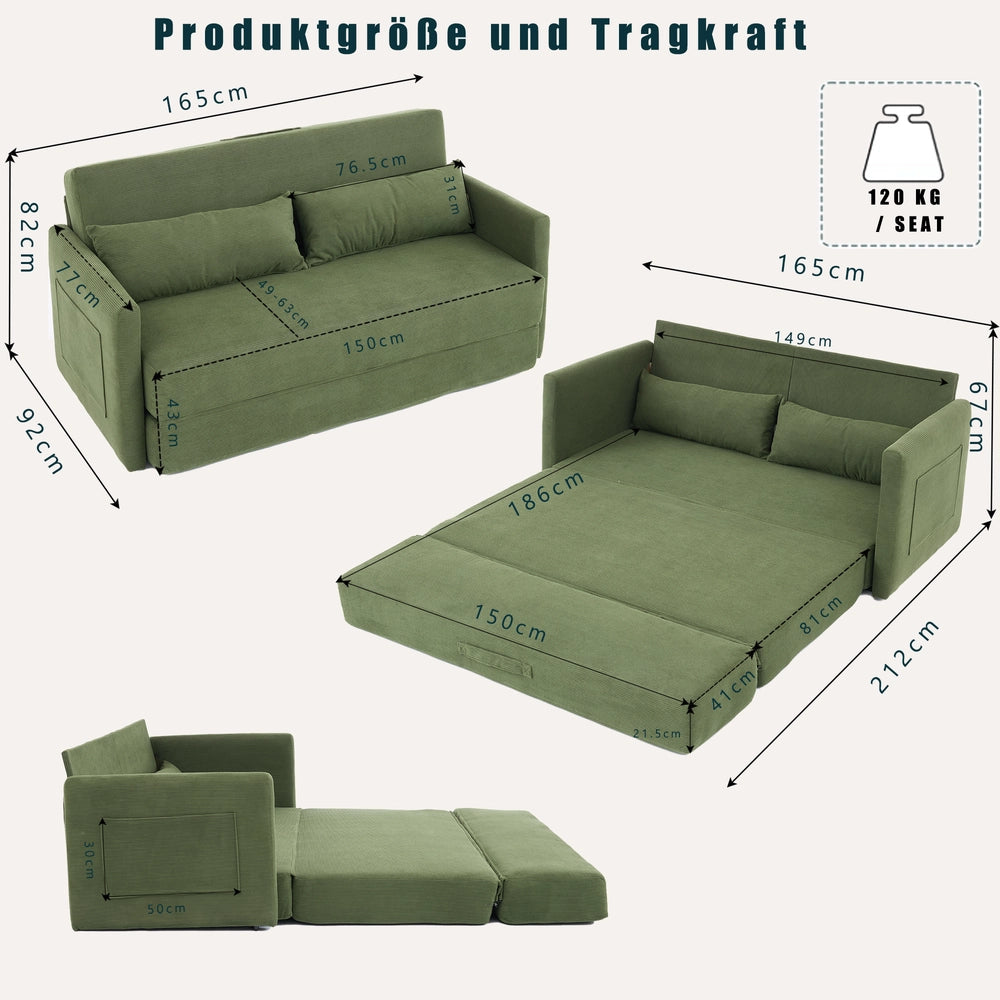 Divano letto 2 posti ¨C Minimal ¨C Tessuto corda verde 165x92x82 cm con cuscini lombari e tasche per riviste