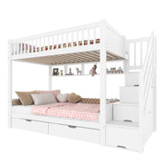 Letto a castello 90 × 200 cm 2 posti con armadio; 2 cassetti; 4 mensole e scala contenitore; senza materasso; bianco