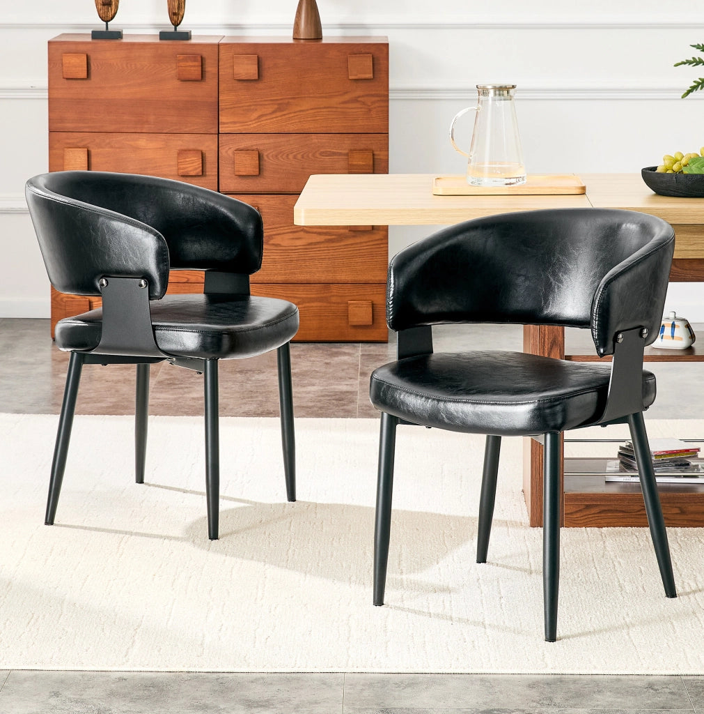 Sedia da pranzo con braccioli in PU nero e schienale decorato