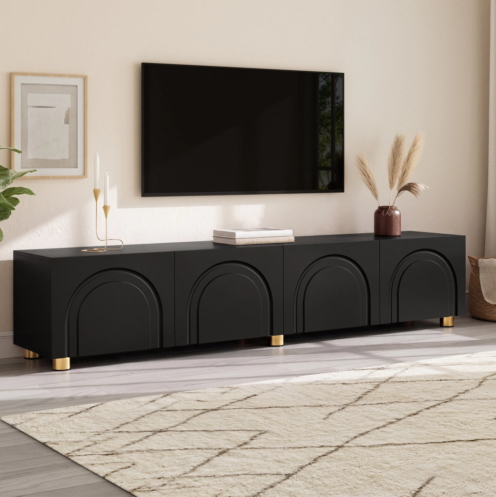 Mobile TV moderno 180x35x40 cm con 4 ante; rilievo ad arco; MDF e truciolare; nero