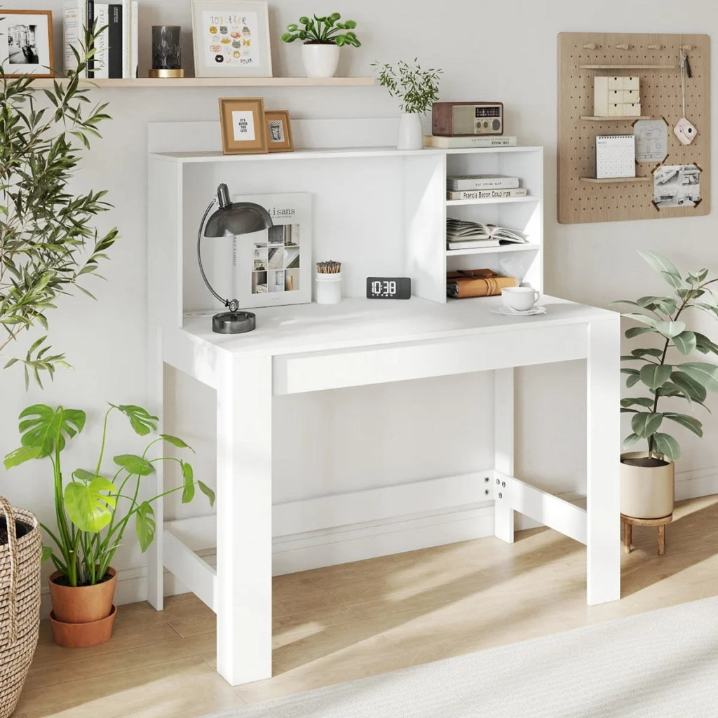 Scrivania Porta Computer con Libreria e Prese USB Type-C, Tavolo da Studio con Ripiani e Gestione Cavi, Bianco
