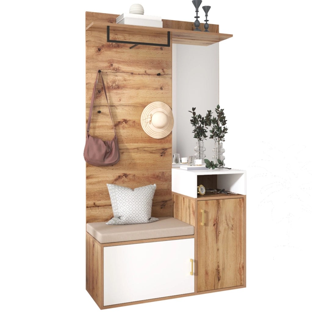 Set guardaroba ingresso bianco e legno con specchio e scarpiera