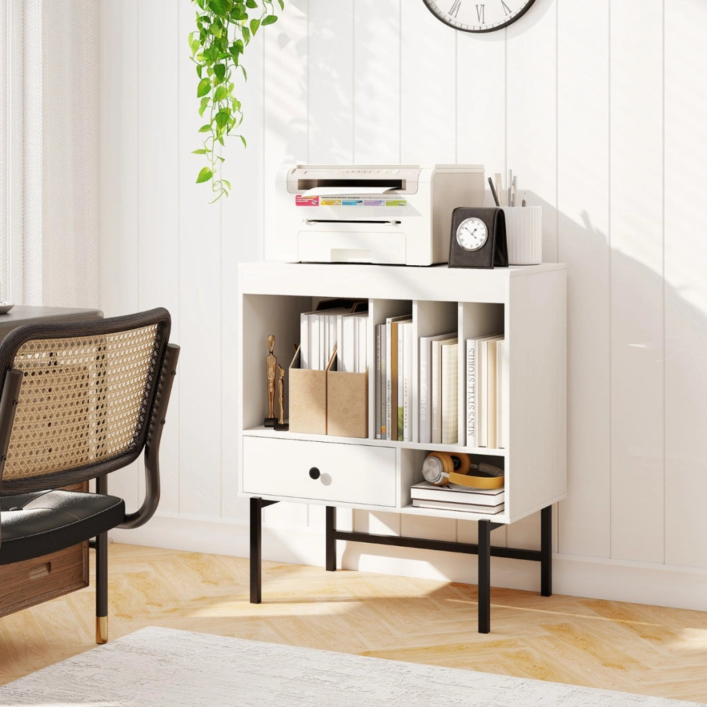 Mobile porta vinili stile moderno del met¨¤ secolo con scomparti aperti, Supporto per giradischi per sala musica Bianco-Credenze buffet