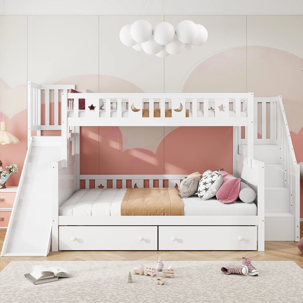 Letto a castello per bambini con scivolo, in legno bianco, con scala, 2 cassetti e rete a doghe, 90 x 200 / 140 x 200 cm