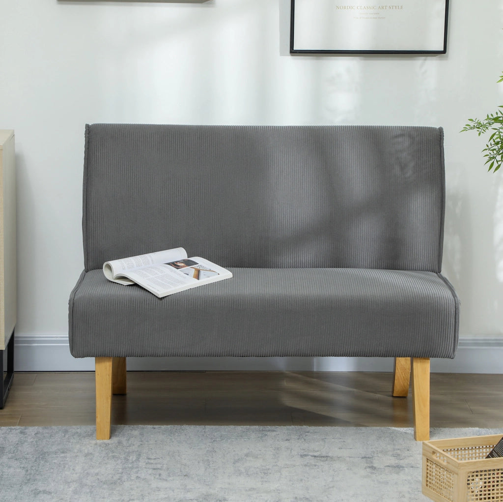 Divano 2 posti in velluto a coste grigio con gambe in legno, 110 x 62 x 85 cm