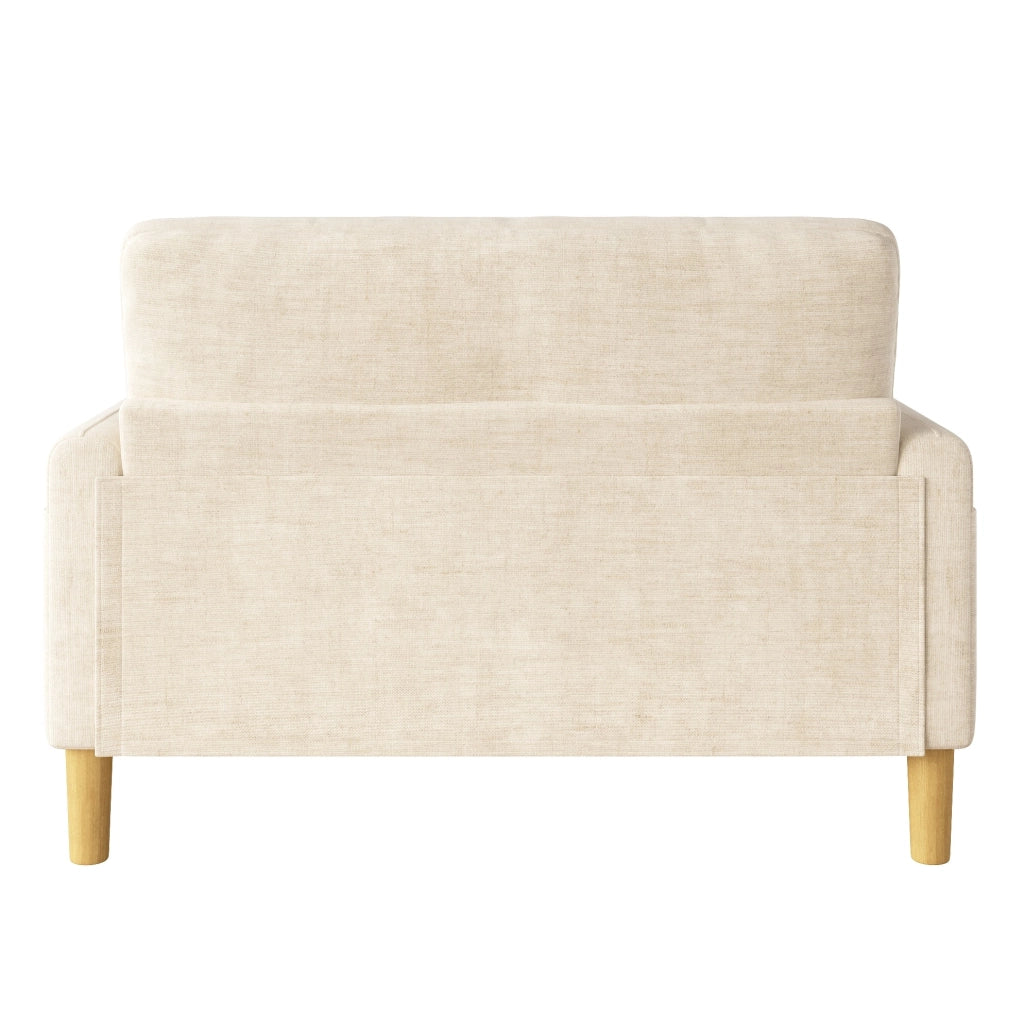 Divano a 2 posti moderno in tessuto chenille beige con cuscini e tasca laterale, 119x78x85 cm